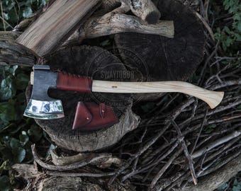 Finnish Camp Axe, Hand Forged 52100 Steel Axe, Bushcraft Camping Axe, Handmade Ash Handle Axe, Outdoor Wood Chopping Tool, Leather Sheath
