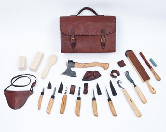 Hand Forged Woodworking Carving Set – Blacksmith Made Wood Carving Tools with Premium Leather Bag, Artisan Gouges & Chisels