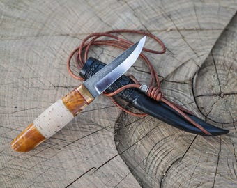 N690 Neck Knife, Handmade Fixed Blade Knife, Maple Burl Handle, Birch Bark Insert, Scandinavian Outdoor Knife, Bushcraft EDC, Leather Sheath