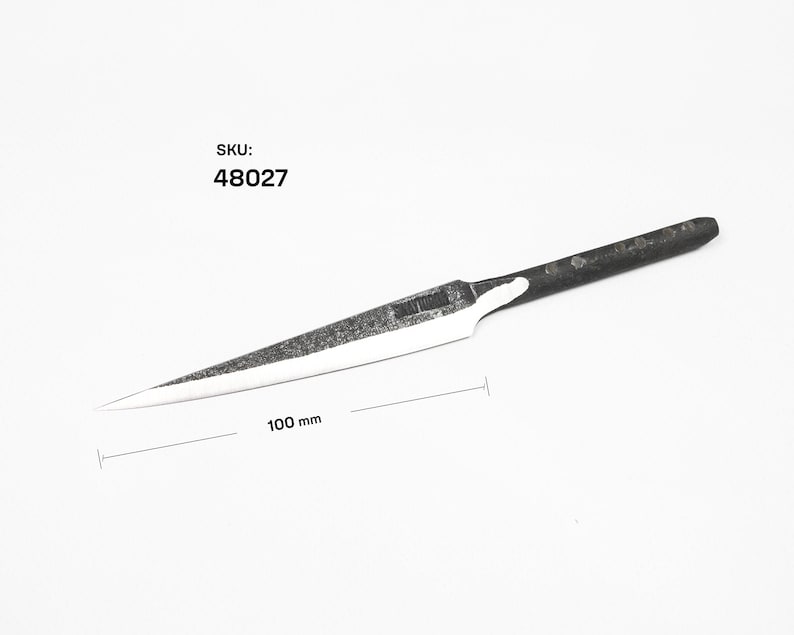 May include: A slender, metal knife with a pointed tip and a dark handle. The blade is 100 mm long. The SKU is 48027. The knife is set against a white background.