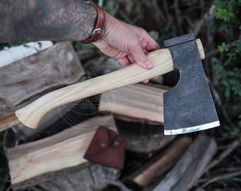 Hand Forged Timber Craft Axe with Leather Sheath, Handmade Bushcraft Axe, Woodworking Hatchet, Camping Axe, Rustic Outdoor Tool, Gift