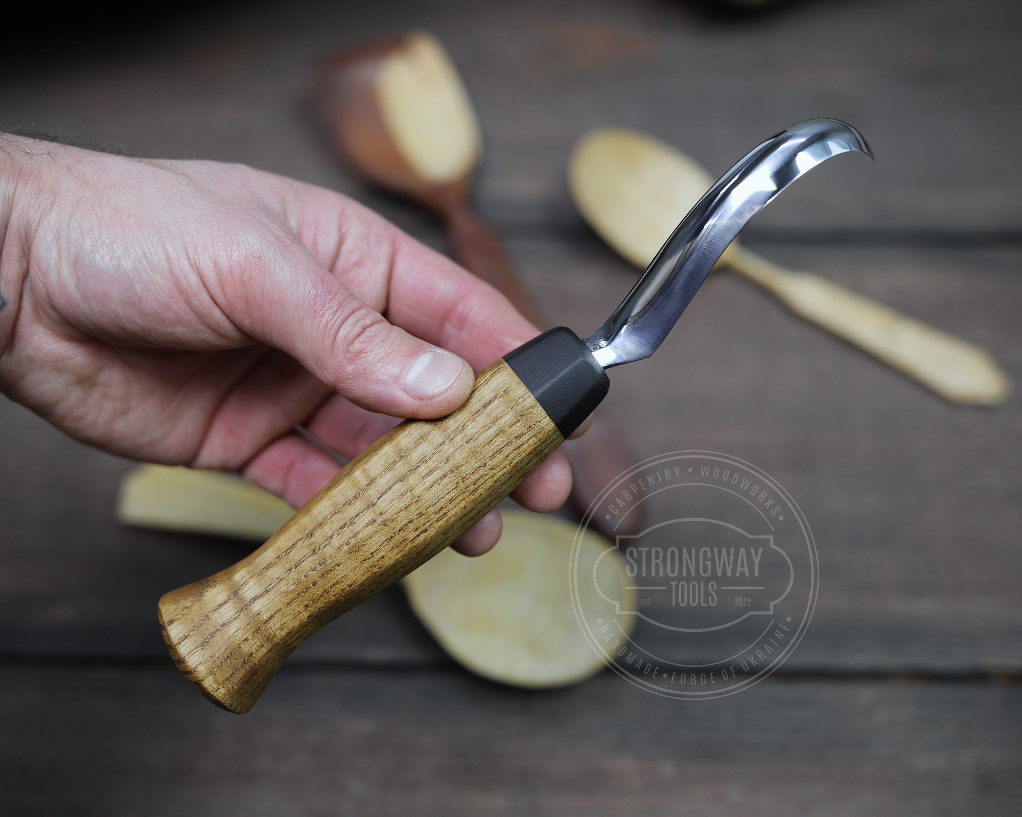 Handmade Spoon Carving Hook Knife: Ash Handle, Leather Handmade Spoon Carving Hook Knife: Ash Handle, Leather