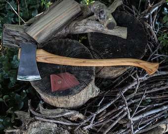Hand Forged Chopper Axe, 52100 Steel, Ash Wood Handle, Bushcraft Wood Cutting Axe, Leather Sheath, Carpenter Axe