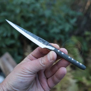 May include: A handmade knife with a silver blade and a dark gray handle. The blade is sharp and pointed, and the handle has a textured pattern with small, silver accents. The knife is held in a hand against a blurred green background.