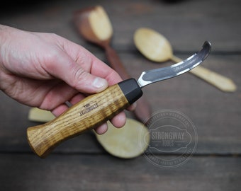 Handmade Spoon Carving Hook Knife: Ash Handle, Leather Sheath