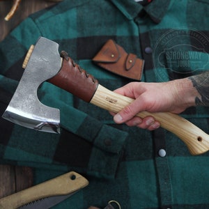 Hand Forged Camping Axe: 52100 Steel, Ash Handle, Leather Sheath