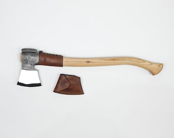 May include: A hand-forged axe with a wooden handle and a leather sheath. The axe head is made of steel and has a polished finish. The handle is made of ash wood and has a natural finish. The sheath is made of brown leather and has a stitched design.