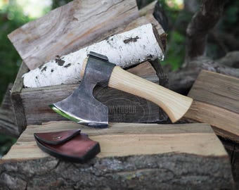 Hand Forged Small Carving Axe | Bushcraft Hatchet | 52100 Steel Axe | Handmade Woodworking Axe with Ash Wood Handle & Leather Sheath