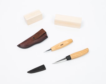 Hand Forged Wood Carving Knife Set – Whittling & Spoon Carving Tools with Leather Sheaths, Handmade Woodworking Gift