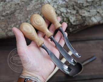 曲げ丸ゴッジセット、曲げゴッジセット（3個）。曲げノミ、木彫りノミ、鍛造ノミ、スプーン彫刻ツール、鍛造ツール