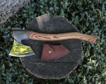 Hand Forged Bushcraft Hatchet, 52100 Steel Camping Axe, Ash Wood Handle, Convex Grind, Leather Sheath, Outdoor Hand Axe – Wildwood Hatchet