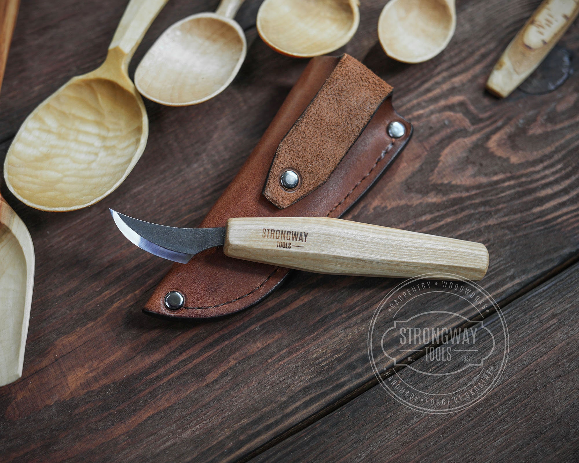 Three Wood Handled Carving, Whittling Knives With Leather Sheath's 