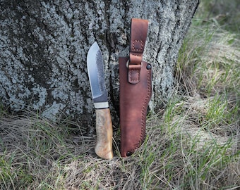 Handcrafted D2 Steel Bushcraft Knife: Maple Burl Handle, Leather Sheath