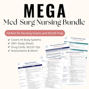 以下が含まれることがあります： メドサーグ看護バンドルの学習教材。画像には「MEGA Med-Surg Nursing Bundle」と「Perfect for Nursing Exams and NCLEX Prep」の文字が表示されています。学習シート、薬カード、評価ガイドが含まれています。