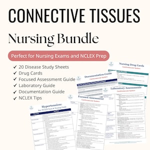 Puede incluir: Un paquete de estudio de enfermería con el título "CONNECTIVE TISSUES Nursing Bundle" en texto negro. El paquete incluye 20 hojas de estudio de enfermedades, tarjetas de medicamentos y guías para la evaluación enfocada, el laboratorio y la documentación. También se ve el texto "Perfect for Nursing Exams and NCLEX Prep".