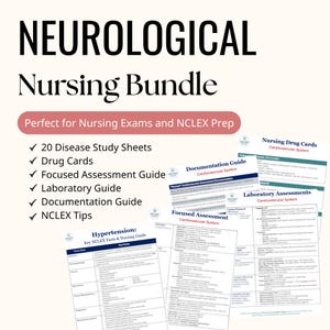 以下が含まれることがあります： 看護師試験とNCLEX準備用の「NEUROLOGICAL Nursing Bundle」の画像。病気研究シート、薬カード、さまざまなガイドなど、学習補助具のリストが表示されています。「Perfect for Nursing Exams and NCLEX Prep」というテキストも表示されています。