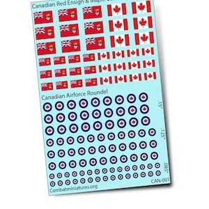 Puede incluir: Una hoja de calcomanías con banderas y escarapelas canadienses. La sección superior muestra varios tamaños de las banderas canadienses Red Ensign y Maple Leaf. La sección inferior muestra escarapelas de la Fuerza Aérea Canadiense.