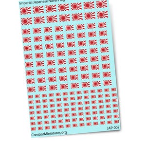 May include: A sheet of decals featuring the Imperial Japanese Naval Flag, a red sunburst design on a light blue background. The text "Imperial Japanese Naval Flag" is at the top. The sheet also includes the text "CombatMiniatures.org" and "JAP-007".