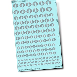 May include: A sheet of gray COBRA logo decals on a light blue background. The sheet is labeled "COBRA Logo in Gray" and includes the text "Visit CombatMiniatures.org" and "COB-011". The decals are in various sizes, ranging from .10" to .25" in height.