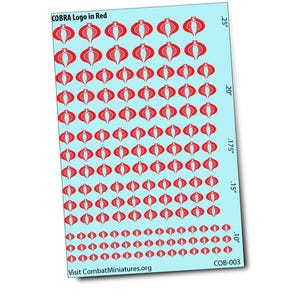 May include: Sheet of red COBRA logo decals on a light blue background. The sheet includes multiple sizes of the logo, with the text "COBRA Logo in Red" at the top. The website address VisitCombatMiniatures.org is at the bottom.