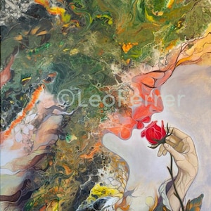 Giclee print on cotton canvas. Print of original acrylic painting. Cuban art. The kiss of the rose