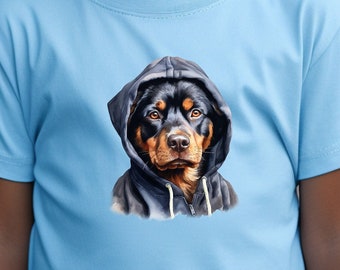 Kids T-Shirt | Cute Rottweiler in Hoodie for the Holidays | Children's Garment with Adorable Dog | Perfect Christmas Gift for Loved Ones