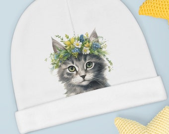 Baby Beanie, Kitten with Flower Crown, Baby Cap, Funny Animals Kids Clothes, Animal Lovers Gifts, Cute Toddler Beanie, Unisex One Size