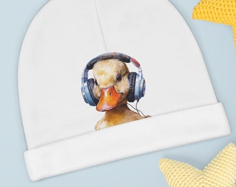 Baby Beanie, Duck with Headphones, Baby Cap, Funny Animals Kids Clothes, Animal Lovers Gifts, Cute Toddler Beanie, Unisex One Size