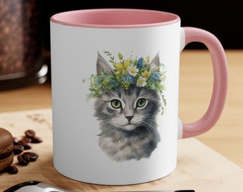 Coffee Mug | Kitten in Flower Crown for the Holidays | Ceramic 11oz | Perfect Holiday or Christmas Gift for Teachers, Friends, and Family!