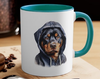 Coffee Mug | Rottweiler wearing a Hood for the Holidays | Ceramic 11oz | Perfect Holiday or Christmas Gift for Teachers, Friends, and Family