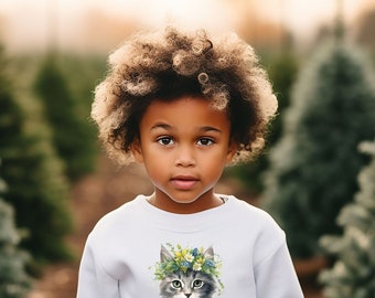 Kids Sweatshirt | Cute Kitten in Flower Crown Shirt | Children's Pullover with Adorable Cat | Perfect Christmas Gift for your Loved One!