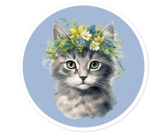 Sticker - Kitten in Flower Crown Adorable Animal Print Matte Vinyl Sticker for Water Bottle, Laptop, Skateboard Perfect Gift for Cat Lovers