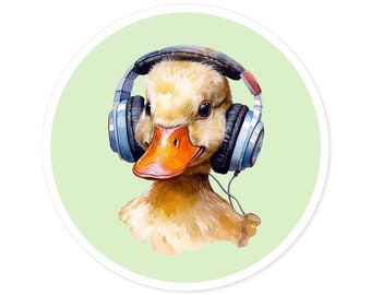Sticker - Duck with Headphones Adorable Animal Print Matte Vinyl Sticker for Water Bottle, Laptop, Skateboard Perfect Gift for Music Lovers