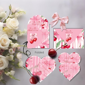 Conjunto de convites em formato de coração "She's the Cherry on Top", registro personalizado e cartão de receita - conjunto de convites personalizados para chá de panela