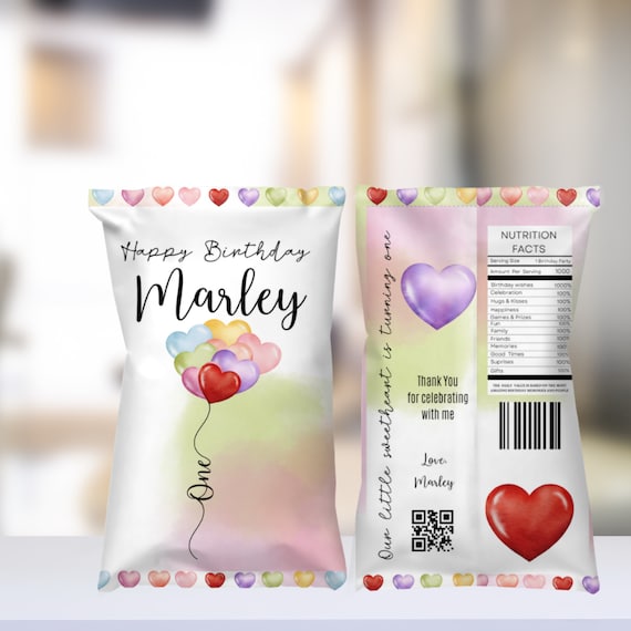 Rainbow Heart Balloons Birthday Chip Bag, First Birthday Party Favor Bags, Watercolor Heart Balloon, Instant Download #HBR