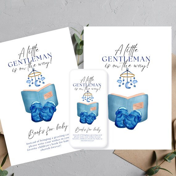 A Little Gentleman Baby Shower Books For Baby Template, Boy Baby Shower Printable, Editable Blue Baby Shower Card, Print and Digital