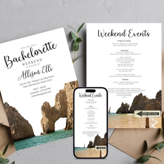 San Lucas Cabo Bachelorette Invitation Template, Cabos Bachelorette Itinerary, Printable Tropical Beach Skyline Weekend Invite, #SLC