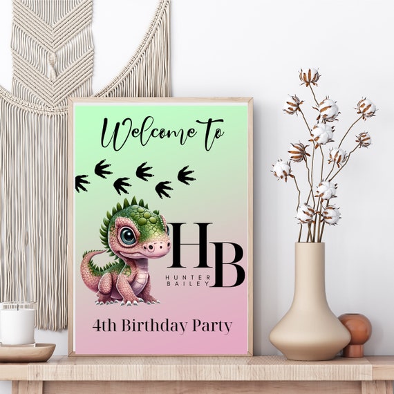 Editable Dino Welcome Sign Template, Pink Dinosaur Birthday Banner, Printable Dinosaur Birthday Party Banner Decoration, Print and Digital