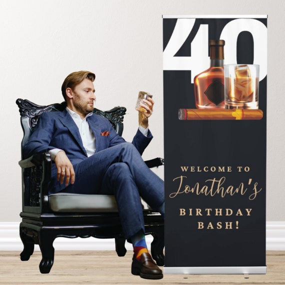 Whiskey and Cigar Birthday Retractable Welcome Sign, Editable Any Age Men's Birthday Banner, Custom Bday Party Banners