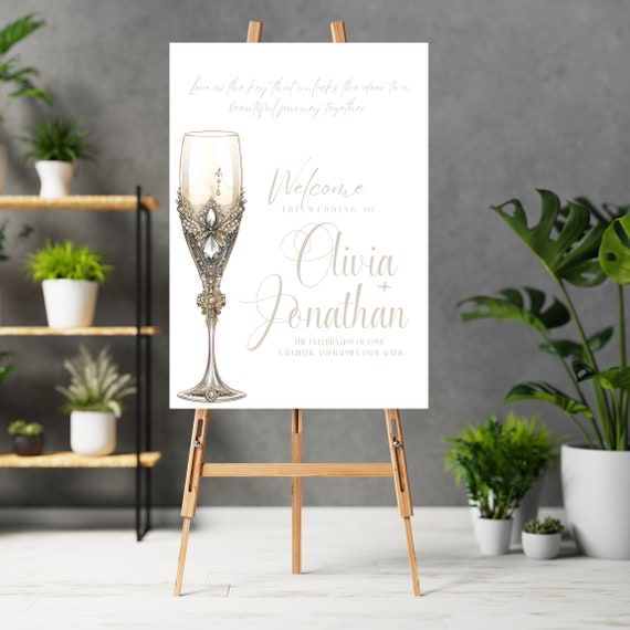Editable Wedding Day  Welcome Sign Template | Personalized Champagne Flute Party Decor | DIY Printable Signs & Banner - Customizable Signs