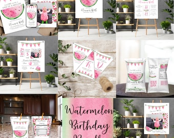 Editable Watermelon Invitation, Birthday, Bundle Pink Watermelon Party, One in a Melon 1st Birthday, Instant download, Printable TemplateWM3