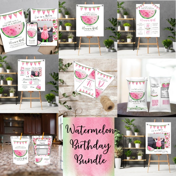 Editable Watermelon Invitation, Birthday, Bundle Pink Watermelon Party, One in a Melon 1st Birthday, Instant download, Printable TemplateWM3