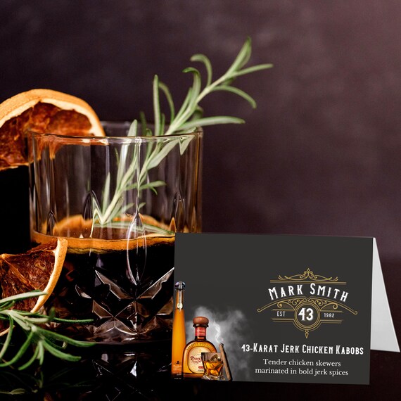 Whiskey Birthday Party Food Tent Cards - Personalized Age, Name - Whiskey Theme Buffet Labels - Rustic Bar Drink Signs - Editable Table Card