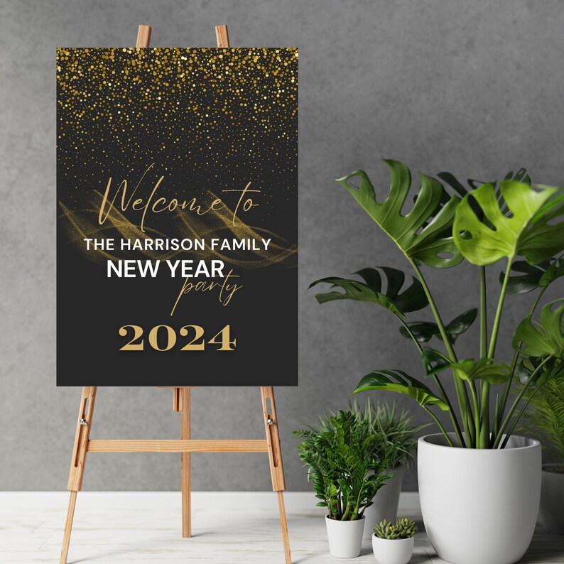 Welcome Harrison Chic Black and Gold New Year Party Welcome Sign Template, Black and ...