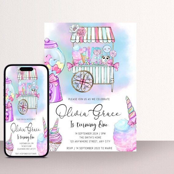 Sweet One Birthday Invitation, Candy First Birthday Invitations, Cotton Candy Printable, Editable Bday Template, Sweets Party Decor, #SOB