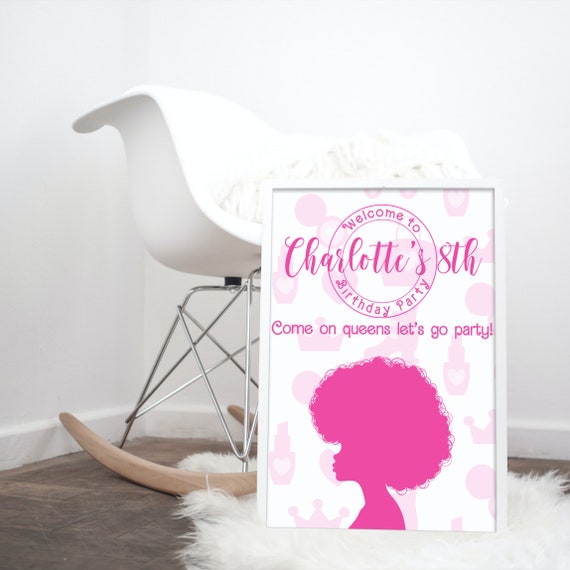 Editable Pink Birthday Afro Doll Theme Welcome Sign - Custom Party Signs Template - African Pink Dolly Banner - Print and Digital