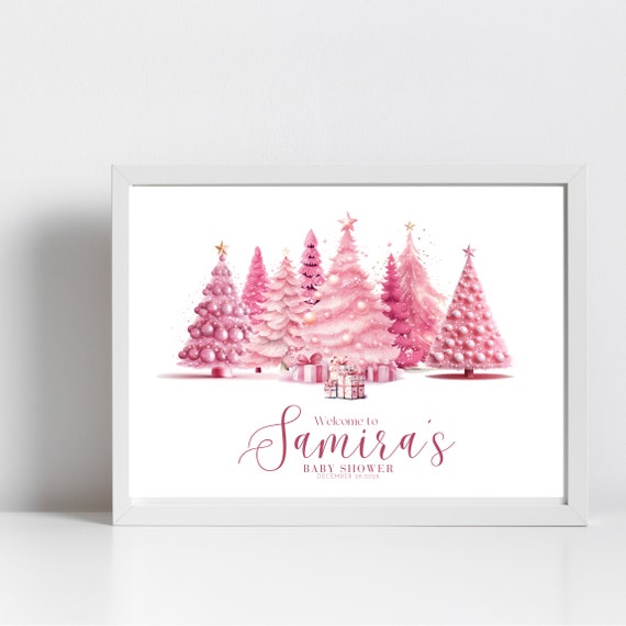 Pink Christmas Tree Baby Shower Welcome Sign Template, Pink Holiday Baby Welcome Banner. Winter Girl Printable Signs