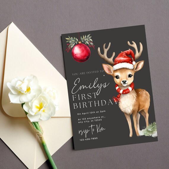 Christmas Deer Birthday Invitation Template, Printable Holiday Deer First Birthday Invitations, Editable Christmas Invite, Instant Download