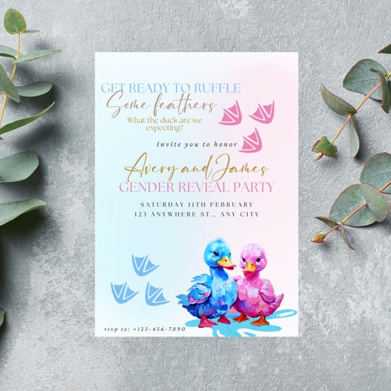 Editable Gender Reveal Invitation with Pink & Blue Ducks | Unique ‘What the Duck’ Theme Party Printable | Custom Gender Reveal Template
