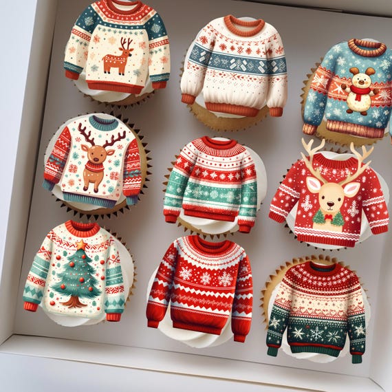 Holiday Ugly Sweater Cupcake Toppers | Christmas Party Cake Decor | Festive Ugly Sweater Cupcake Toppers | Xmas Dessert Decorations